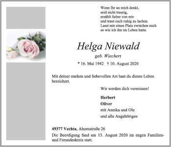 Anzeige von Helga Niewald von OM-Medien