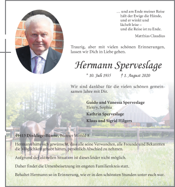 Anzeige von Hermann Sperveslage von OM-Medien