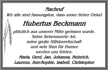 Anzeige von Hubertus Beckmann von OM-Medien
