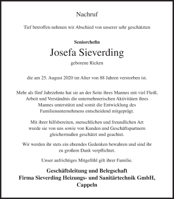 Anzeige von Josefa Sieverding von OM-Medien