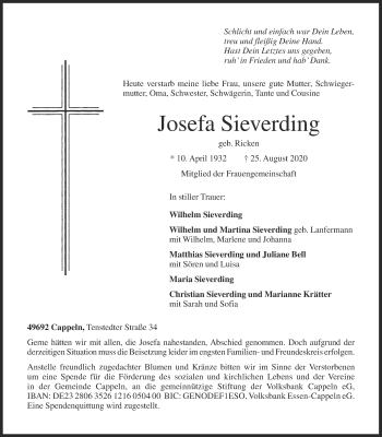 Anzeige von Josefa Sieverding von OM-Medien