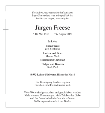 Anzeige von Jürgen Freese von OM-Medien