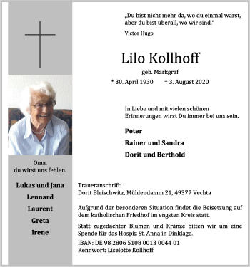 Anzeige von Lilo Kollhoff von OM-Medien