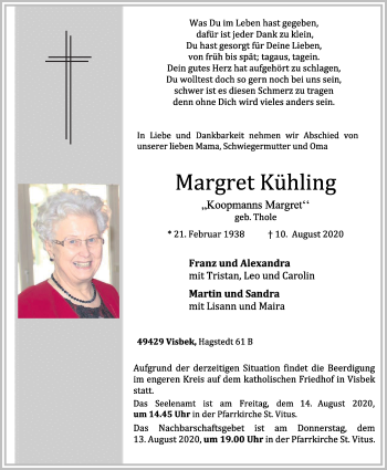 Anzeige von Margret Kühling von OM-Medien