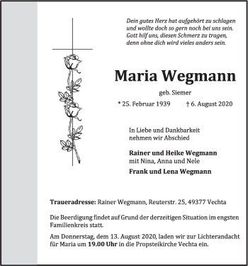 Anzeige von Maria Wegmann von OM-Medien