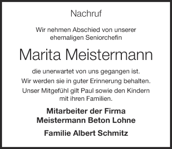 Anzeige von Marita Meistermann von OM-Medien