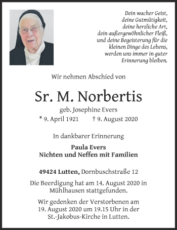 Anzeige von Sr. M. Norbertis von OM-Medien