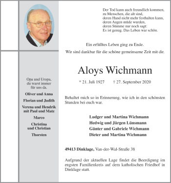 Anzeige von Aloys Wichmann von OM-Medien