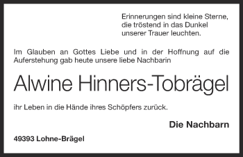 Anzeige von Alwine Hinners-Tobrägel von OM-Medien