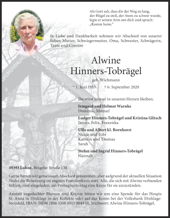 Anzeige von Alwine Hinners-Tobrägel von OM-Medien