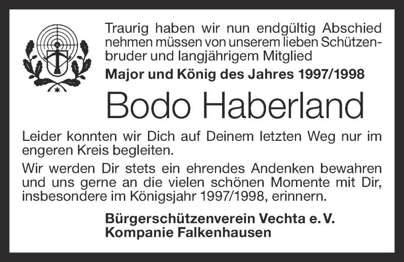  Traueranzeige für Bodo Haberland vom 02.09.2020 aus OM-Medien