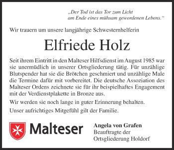 Anzeige von Elfriede Holz von OM-Medien