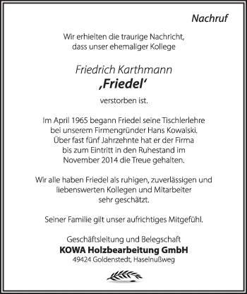 Anzeige von Friedrich Karthmann von OM-Medien