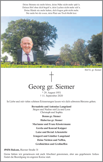 Anzeige von Georg  gr. Siemer von OM-Medien