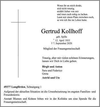 Anzeige von Gertrud Kollhoff von OM-Medien