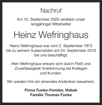 Anzeige von Heinz Wefringhaus von OM-Medien