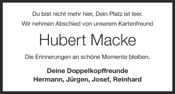 Anzeige von Hubert Macke von OM-Medien