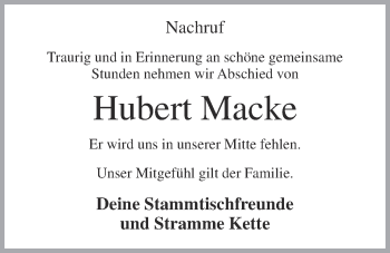 Anzeige von Hubert Macke von OM-Medien