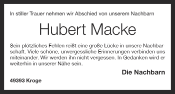 Anzeige von Hubert Macke von OM-Medien