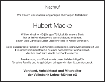 Anzeige von Hubert Macke von OM-Medien