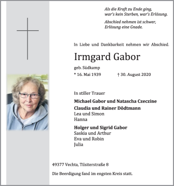 Anzeige von Irmgard Gabor von OM-Medien