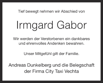 Anzeige von Irmgard Gabor von OM-Medien