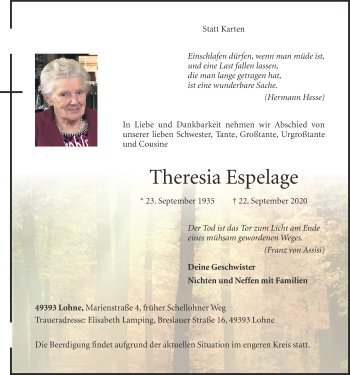 Anzeige von Theresia Espelage von OM-Medien