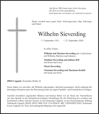 Anzeige von Wilhelm Sieverding von OM-Medien