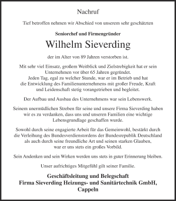 Anzeige von Wilhelm Sieverding von OM-Medien