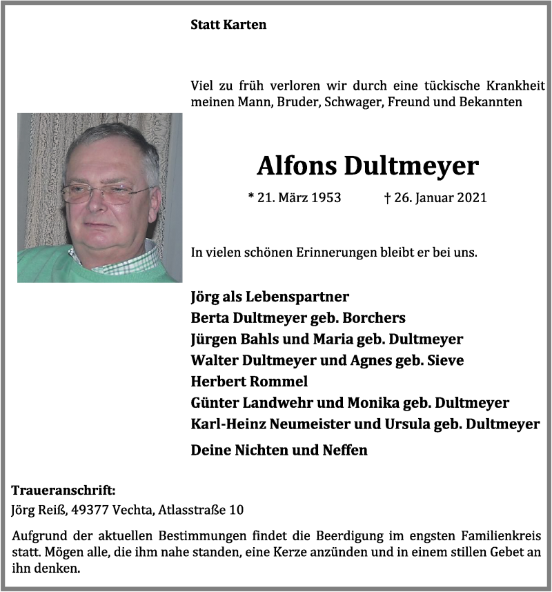  Traueranzeige für Alfons Dultmeyer vom 28.01.2021 aus OM-Medien