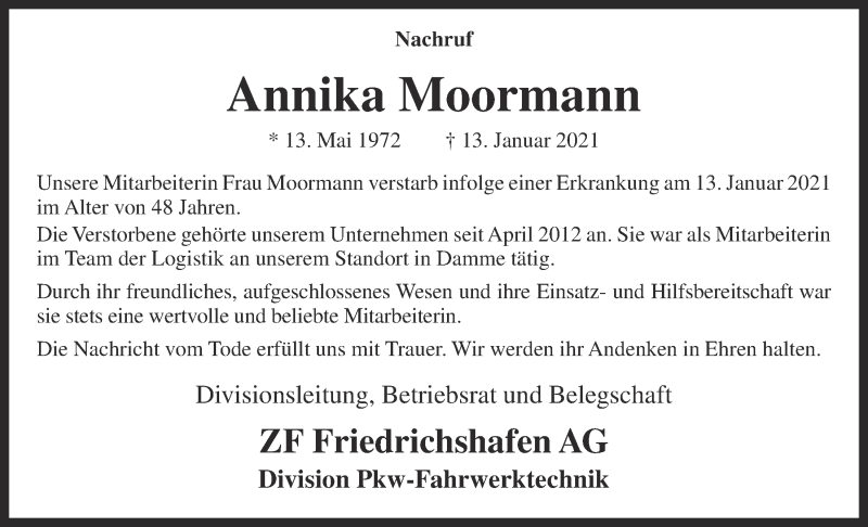  Traueranzeige für Annika Moormann vom 19.01.2021 aus OM-Medien