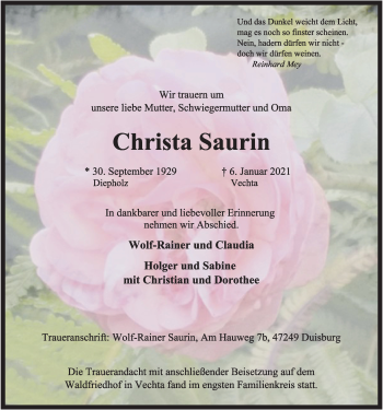Anzeige von Christa Saurin von OM-Medien