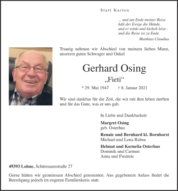 Anzeige von Gerhard Osing von OM-Medien