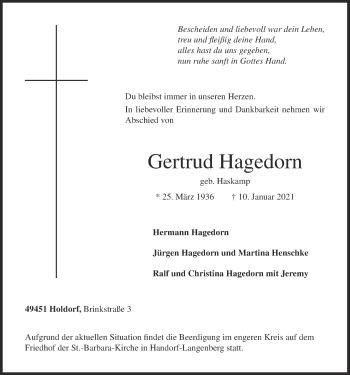 Anzeige von Gertrud Hagedorn von OM-Medien