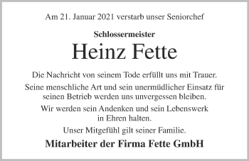 Anzeige von Heinz Fette von OM-Medien