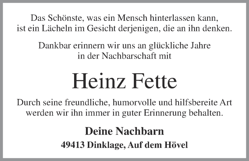  Traueranzeige für Heinz Fette vom 25.01.2021 aus OM-Medien