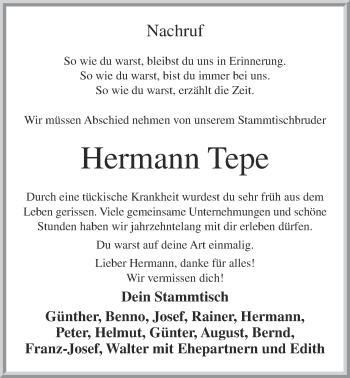 Anzeige von Hermann Tepe von OM-Medien