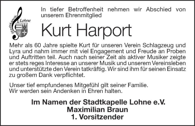  Traueranzeige für Kurt Harport vom 30.01.2021 aus OM-Medien