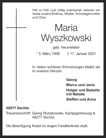 Anzeige von Maria Wyszkowski von OM-Medien