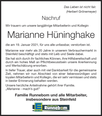 Anzeige von Marianne Hüninghake von OM-Medien