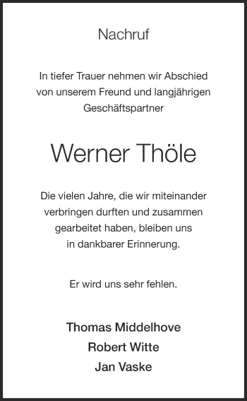 Anzeige von Werner Thöle von OM-Medien