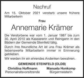 Anzeige von Annemarie Krämer von OM-Medien