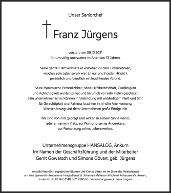 Anzeige von Franz Jürgens von OM-Medien