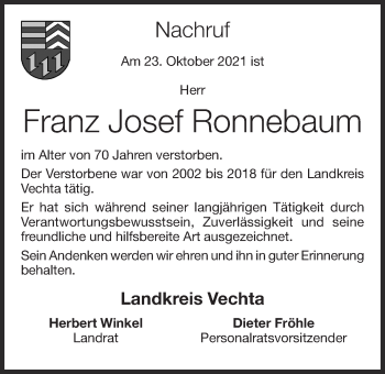 Anzeige von Franz Josef Ronnebaum von OM-Medien