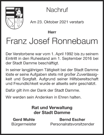 Anzeige von Franz Josef Ronnebaum von OM-Medien