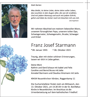 Anzeige von Franz Josef Starmann von OM-Medien