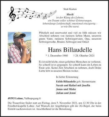 Anzeige von Hans Billaudelle von OM-Medien
