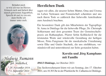 Anzeige von Hedwig Aumann von OM-Medien