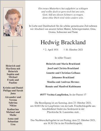 Anzeige von Hedwig Brackland von OM-Medien