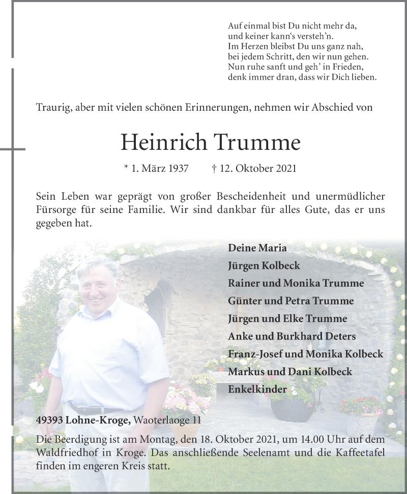  Traueranzeige für Heinrich Trumme vom 14.10.2021 aus OM-Medien